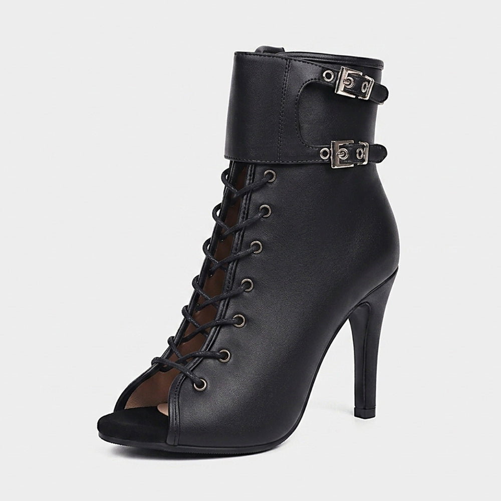 Neda | Lace up Open Toe Strap Buckle Ankle Boots