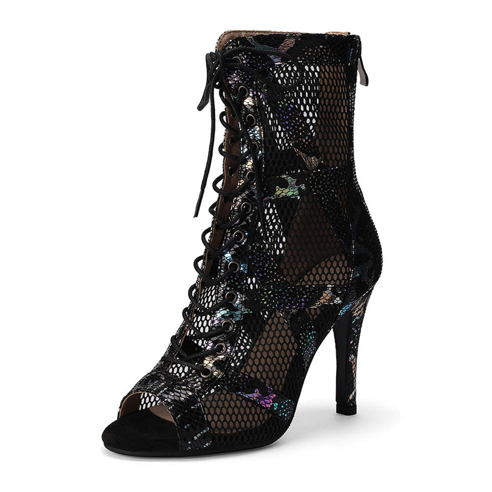 Open Toe Lace Up Mesh Ankle Boots