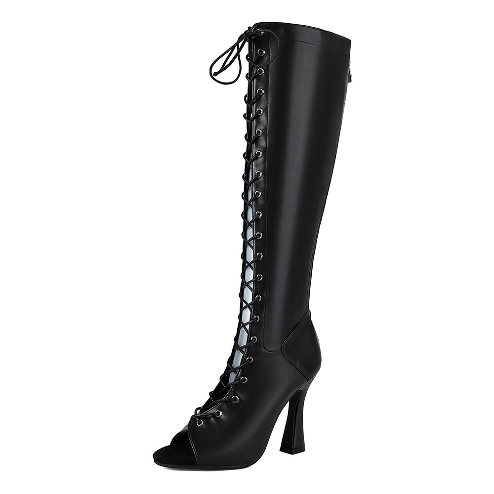 Open Toe Lace up Calf Height Boots