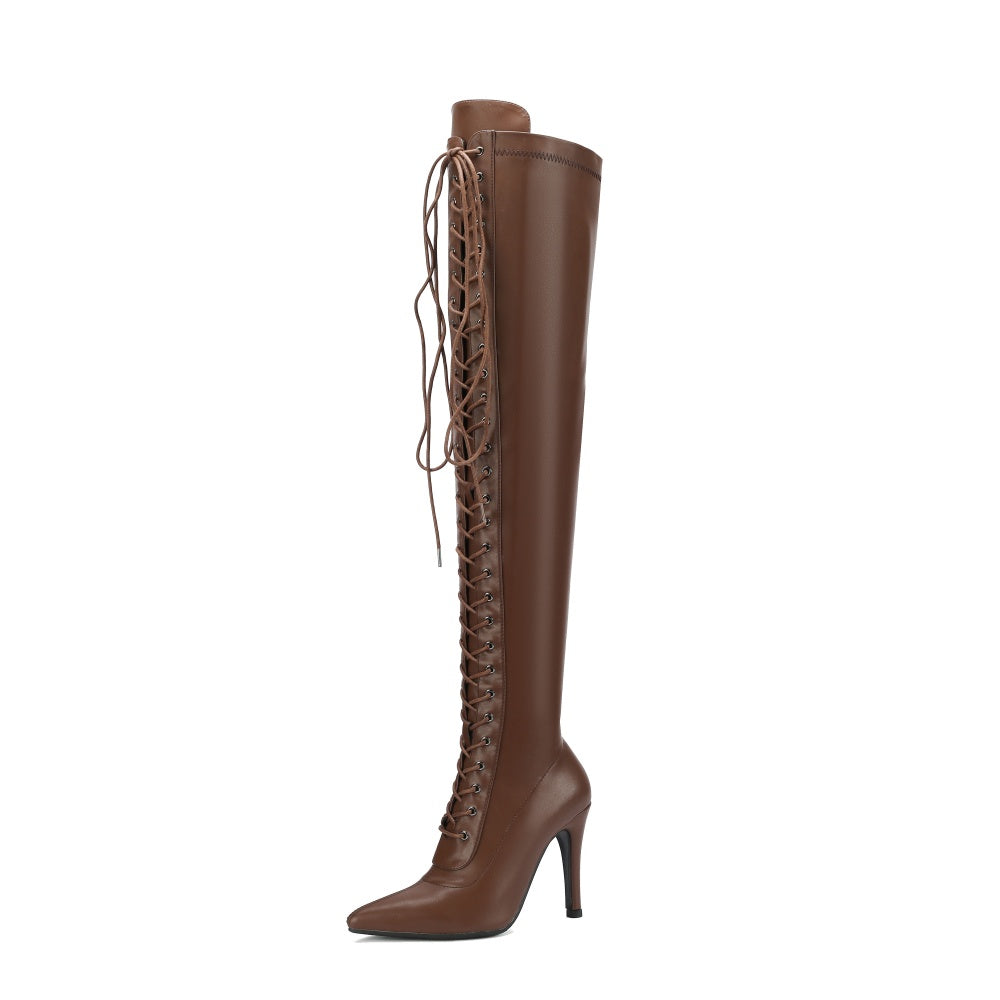 Pointed Toe Lace up Thigh High Boots