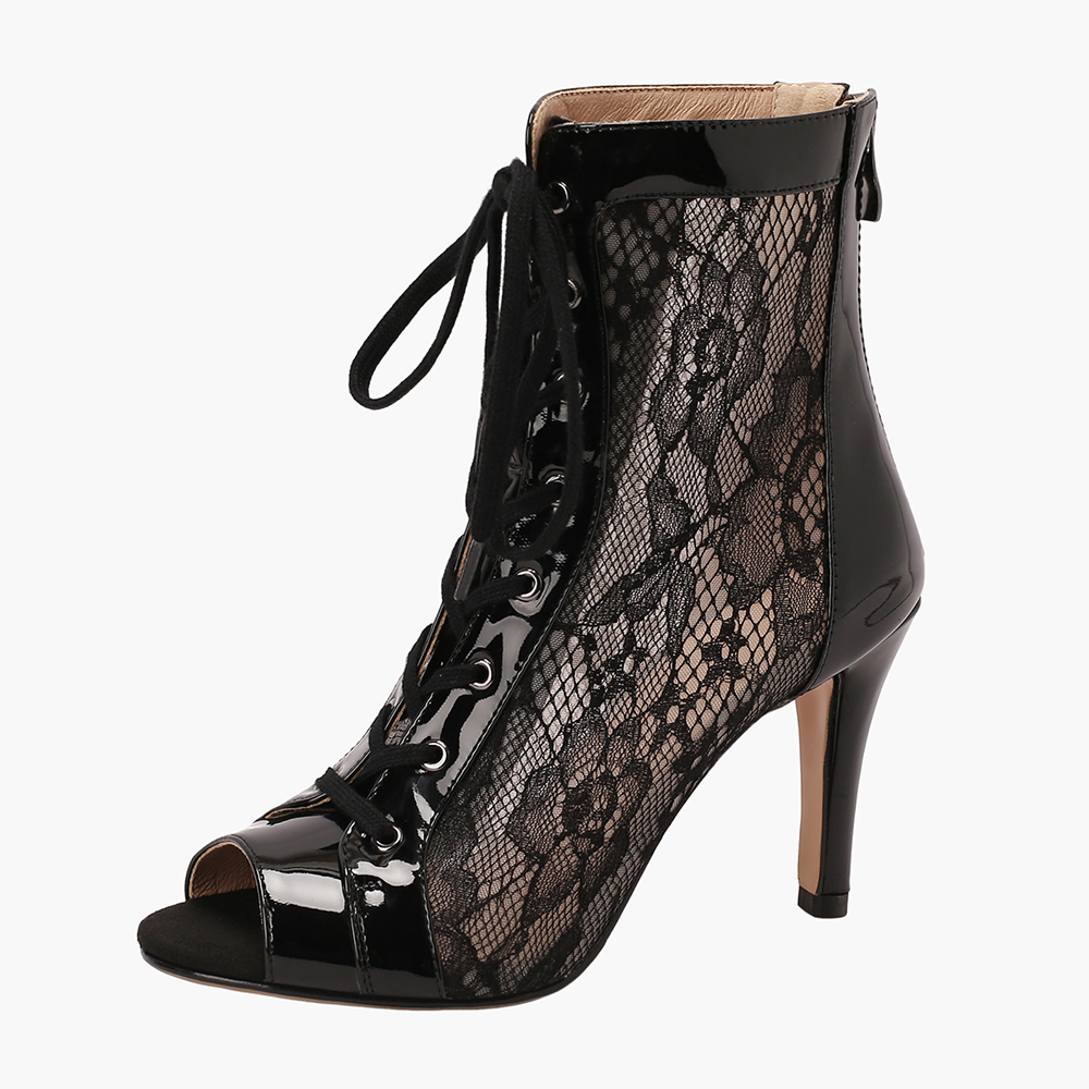 Flower Mesh Open Toe Lace up Ankle Boots
