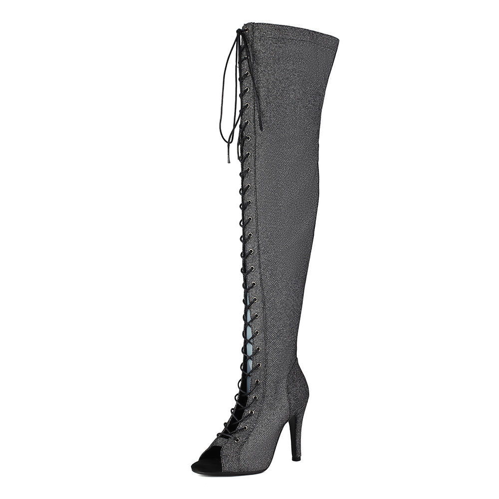 Open Toe Lace up Thigh High Boots