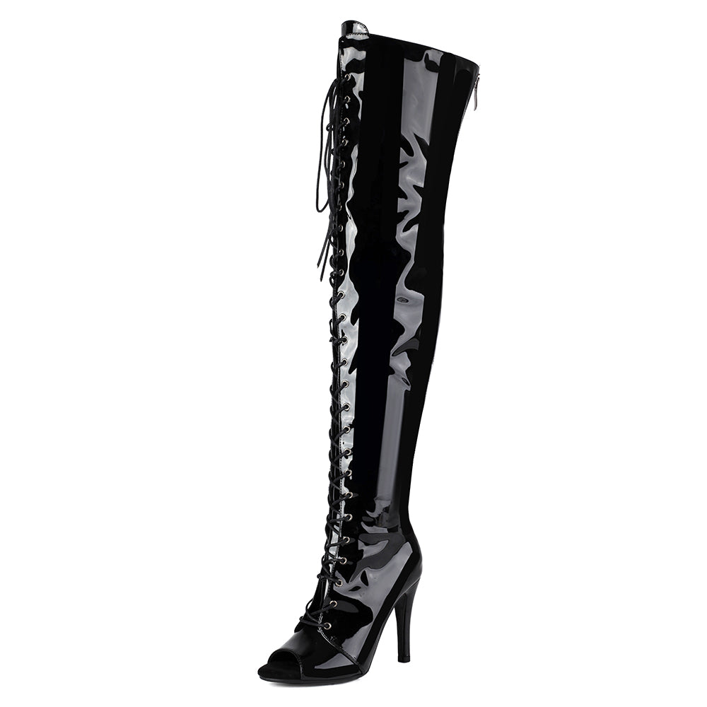 Open Toe Lace up Thigh High Boots