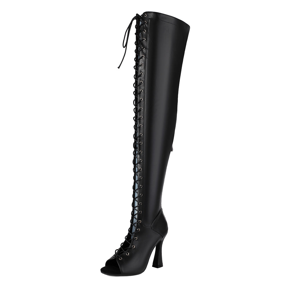 Open Toe Lace up Thigh High Boots