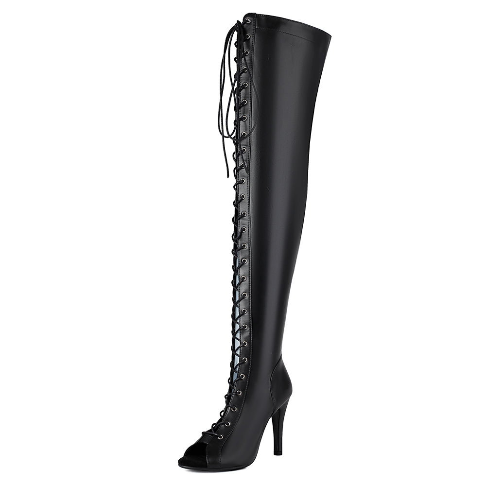 Open Toe Lace up Thigh High Boots