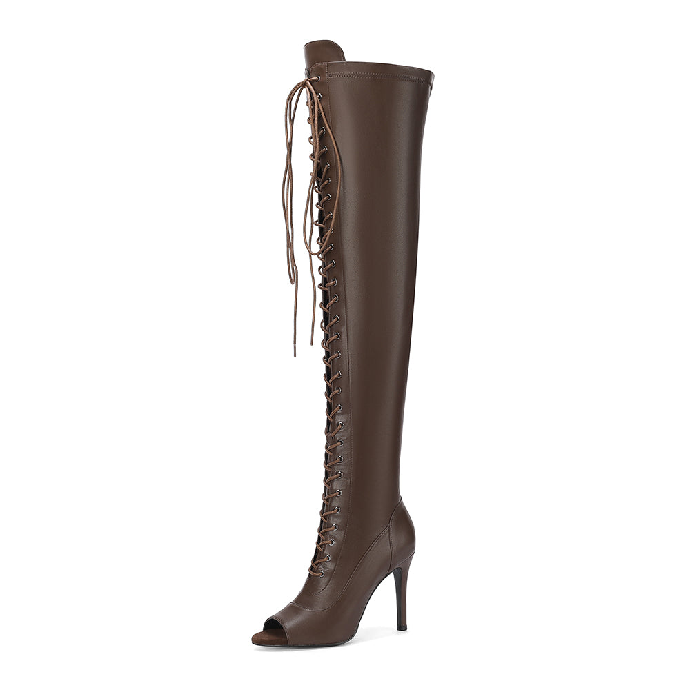 Open Toe Lace up Thigh High Boots